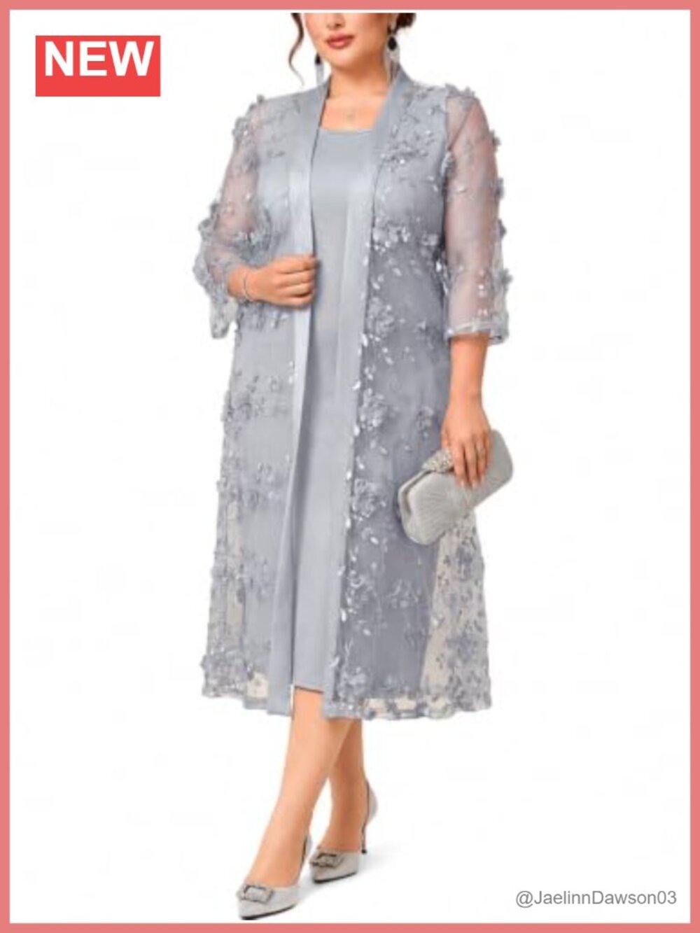Plus Size 2-Piece Mother of the Bride Dress Set Midi Sheath 3D Floral Mesh
